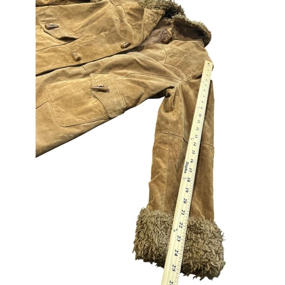 Vintage Suburbia Leather Suede Shearling Trim Coat Womens Xl Brown Toggle Button - Picture 11 of 14